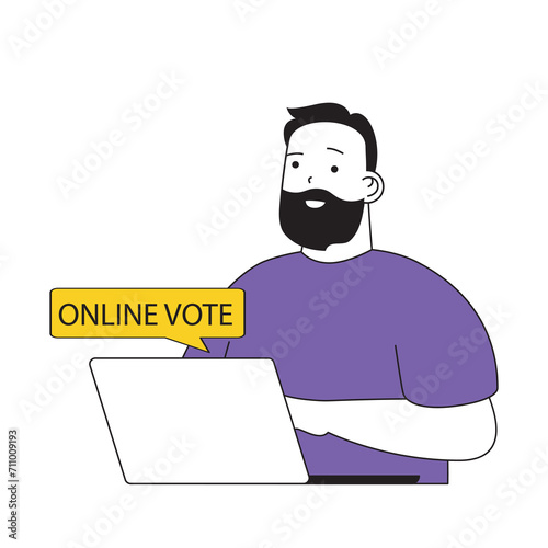 Online voting concept with cartoon people in flat design for web. Man takes part in democratic vote and choosing political candidates. Vector illustration for social media banner, marketing material.