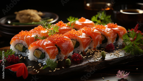 Freshness on plate seafood, sashimi, maki sushi, rice, avocado generated by AI