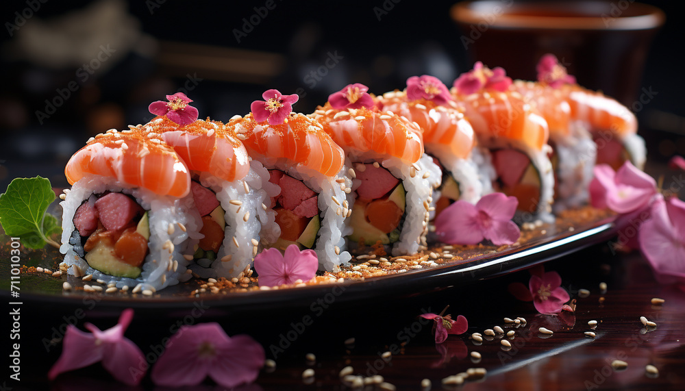 Freshness and cultures on a plate seafood, sushi, and sashimi generated by AI Freshness and cultures on a plate seafood, sushi, and sashimi generated by AI