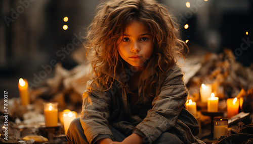 A cute smiling girl sitting indoors, holding a glowing candle generated by AI