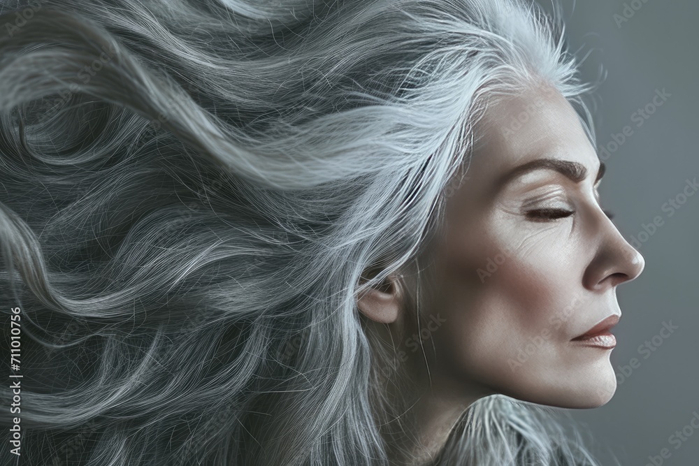 Obraz premium Woman with gray hair on a gray background