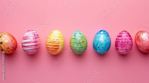 symmetry and grace of a top-down image showcasing a lineup of beautifully painted Easter eggs against a soft pink background, the colors blending seamlessly in high definition.