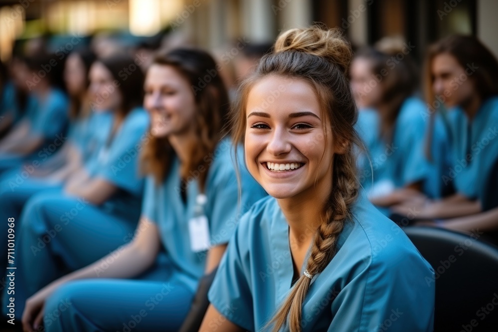 Happy young female nurse in blue uniform