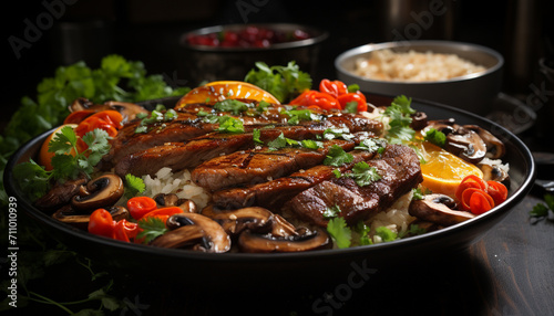 Grilled meat, tomato, vegetable, beef, steak, barbecue, freshness, lunch, plate, salad generated by AI