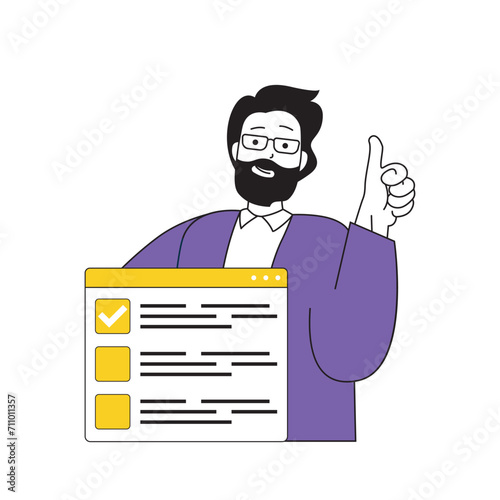 Online voting concept with cartoon people in flat design for web. Man takes part in election, choosing his candidates in vote form. Vector illustration for social media banner, marketing material.