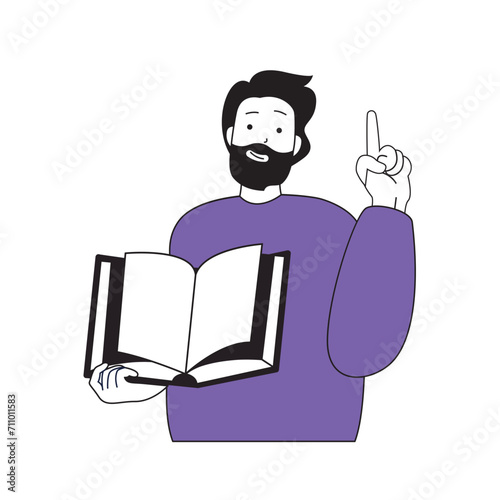 Book reading concept with cartoon people in flat design for web. Man holds open textbook at library, learning and getting knowledge. Vector illustration for social media banner, marketing material.