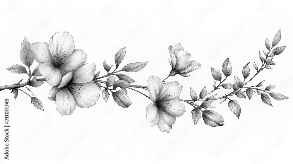 On white background, Design a floral branch with minimalist flowers. For logo and tatoo, wedding invitation. Hand-draw elegant line art flowers. On white background, Design a floral branch with minimalist flowers. For logo and tatoo, wedding invitation. Hand-draw elegant line art flowers.