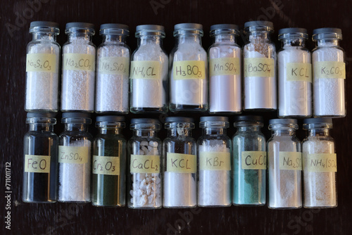 A considerable number of glass tubes with various crystalline inorganic substances - salts and oxides of various metals.