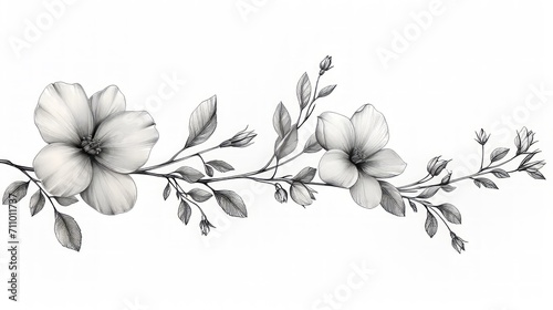 On white background, Design a floral branch with minimalist flowers. For logo and tatoo, wedding invitation. Hand-draw elegant line art flowers.  photo