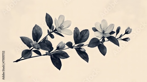 On white background, Design a floral branch with minimalist flowers. For logo and tatoo, wedding invitation. Hand-draw elegant line art flowers. 