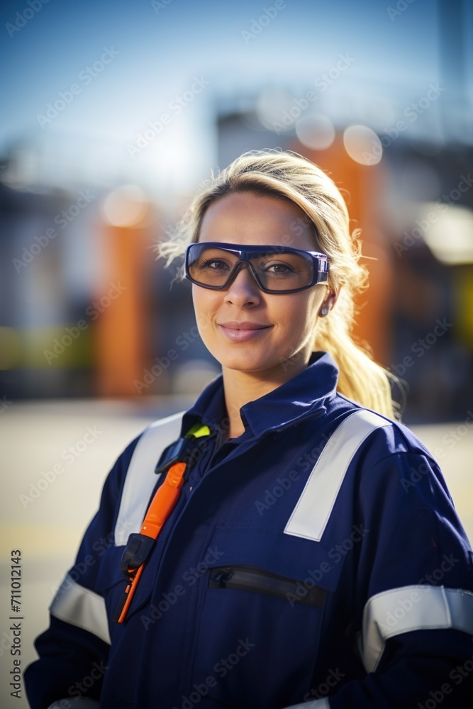 Portrait of female worker wearing safety glasses at industrial site Portrait of female worker wearing safety glasses at industrial site