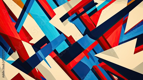 Abstract Painting of Blue, Red, and White Shapes