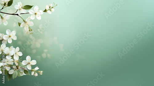 Spring green bokeh background with cherry blossom branch. Spring, summer background. Generated by artificial intelligence