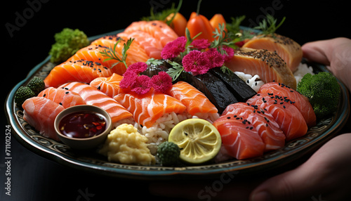 Freshness and variety on a plate, seafood and sushi delight generated by AI