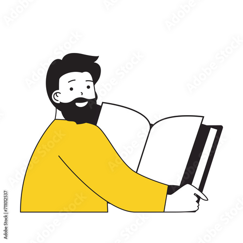 Book reading concept with cartoon people in flat design for web. Man reads literary novels, researching textbooks or encyclopedia. Vector illustration for social media banner, marketing material.