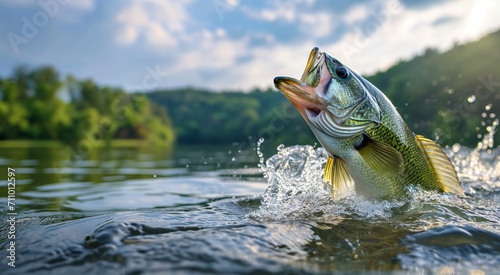 Largemouth Bass attacking prey in the summer created with Generative AI Technology, ai, generative