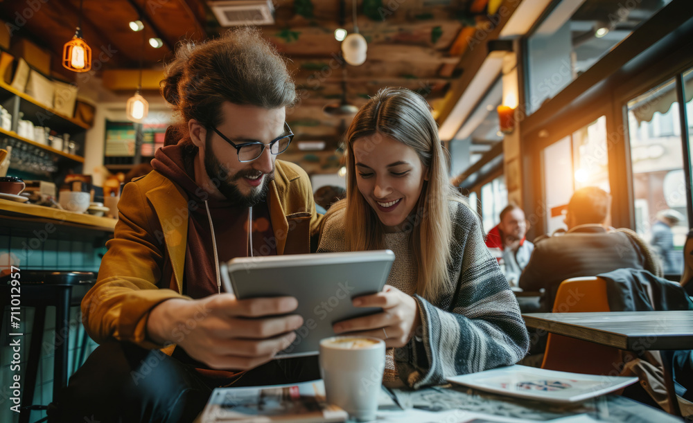 Young Caucasian couple in cafe working with tablets to browse internet