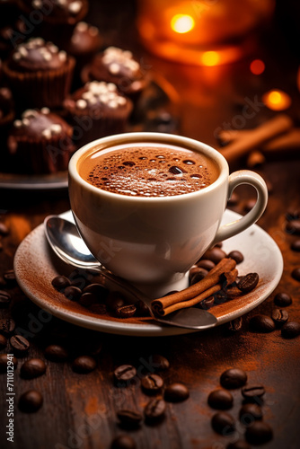 close up of a cup of coffee and coffee beans on a dark background