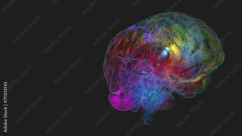 Colored pulsating signals and impulses in the nerve cells of a transparent appearing and rotating human brain - 3d illustration