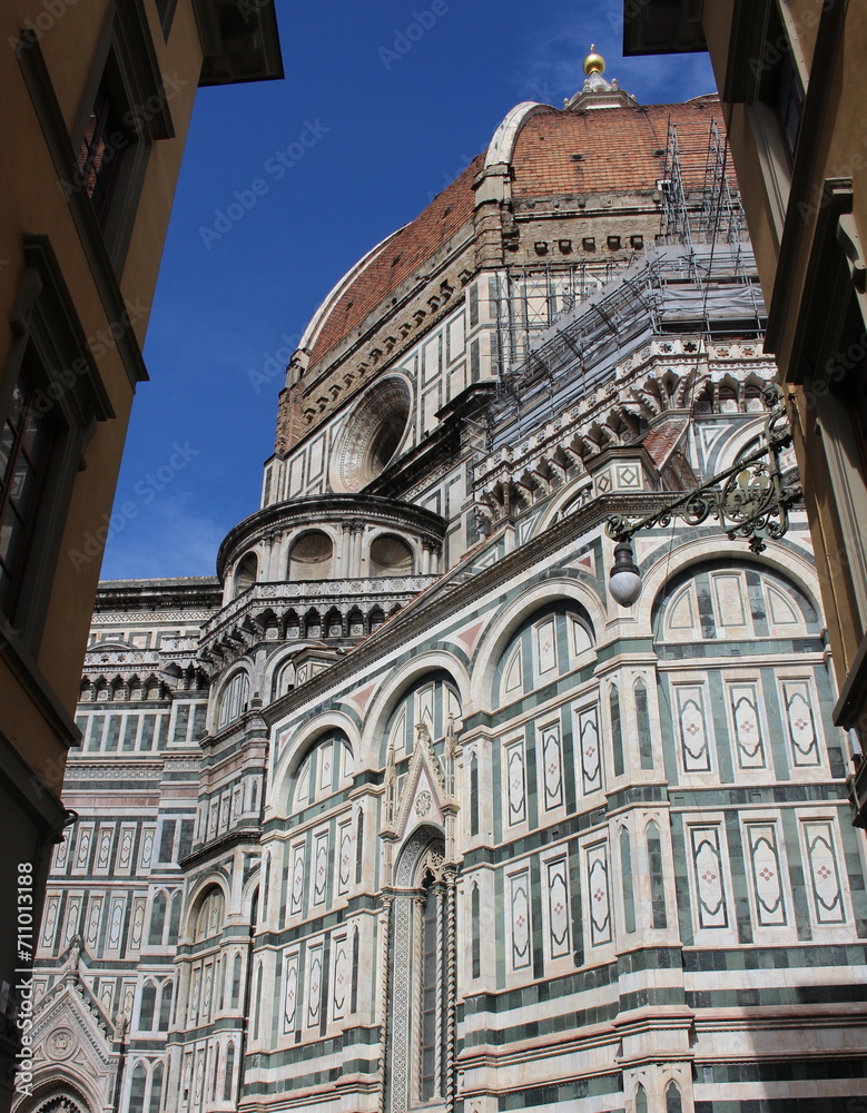 Florence. Italy. 25 april 2020. Duomo Cathedral in Florence capital of Tuscany. Located in city center, on Cathedral Square from Piazza del Duomo. Old Renaissance buildings. Italian cultural heritage