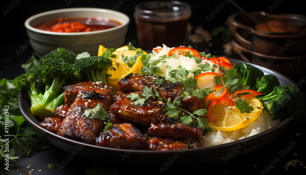 Grilled meat, fresh vegetables, savory sauce, ready to eat on rustic plate generated by AI Grilled meat, fresh vegetables, savory sauce, ready to eat on rustic plate generated by AI