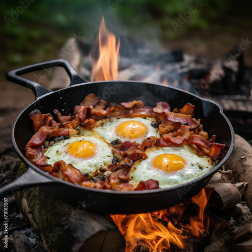 Fried egg. Close up view of the fried egg on a frying pan. Salted and spiced fried egg with parsley on cast iron pan and black background.

