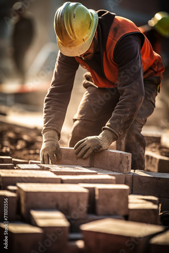 Bricklayer industrial worker installing brick masonry photo