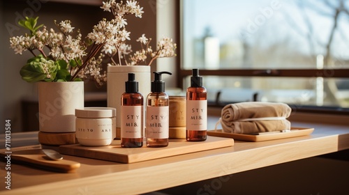 Bath products displayed on a wooden table photo