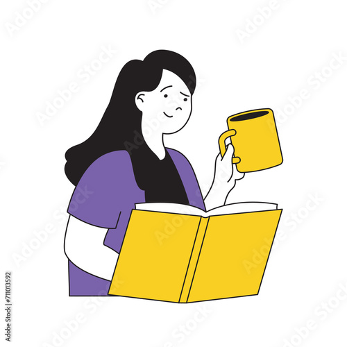 Book reading concept with cartoon people in flat design for web. Woman is bookworm relaxing and enjoying while read literature. Vector illustration for social media banner, marketing material.