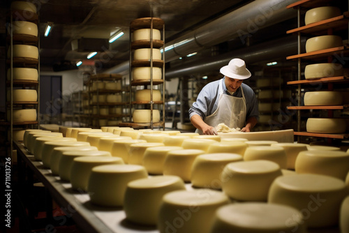 A cheesemaker inspects cheese wheels on a conveyor in a warmly lit aging room, conveying artisanal craftsmanship. This image is perfect for showcasing the human touch in food craftsmanship.