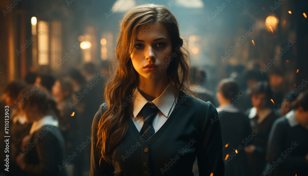 A confident young businesswoman standing outdoors, looking at camera generated by AI A confident young businesswoman standing outdoors, looking at camera generated by AI
