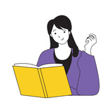 Book reading concept with cartoon people in flat design for web. Woman reads textbooks or choosing new graphic novel at bookshop. Vector illustration for social media banner, marketing material.