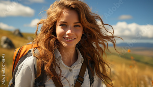 Young woman hiking in the mountains, smiling, enjoying nature beauty generated by AI