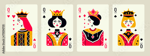 Queens of hearts, diamonds, clubs, spades cartoon style. Abstract modern posters template, poker concept. Vector flat design