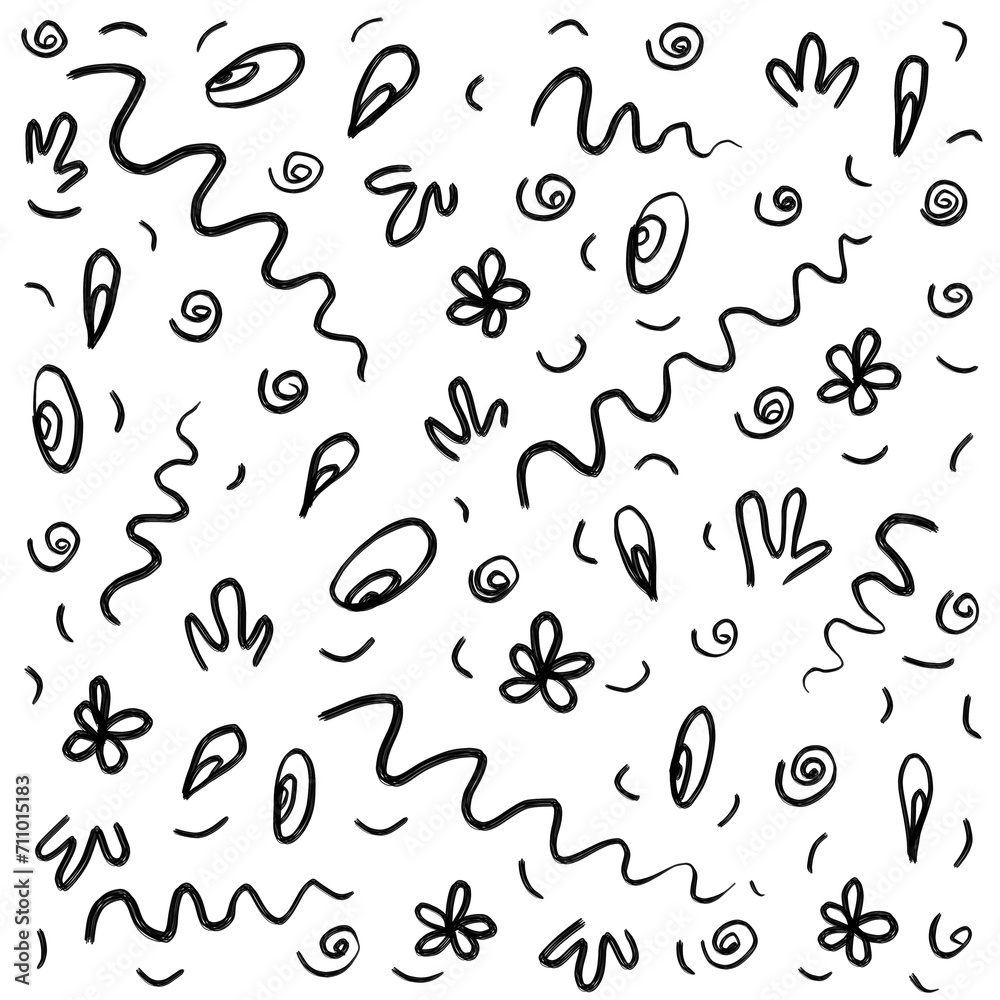 Floral and abstract elements like ink doodles painted with black brush, simple seamless natural pattern for minimalistic design 