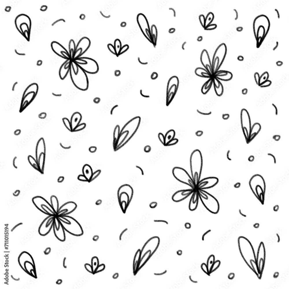 Floral and abstract elements like ink doodles painted with black brush, simple seamless natural pattern for minimalistic design Floral and abstract elements like ink doodles painted with black brush, simple seamless natural pattern for minimalistic design