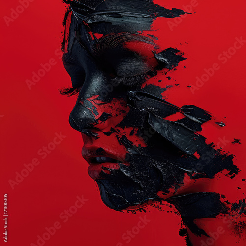 Minimalist style abstract portrait of a woman. A black on red. The concept of painful memories.