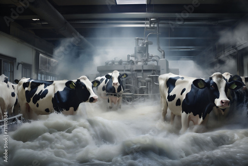 Cows in a surreal industrial milking facility with a milk flood, evoking a fantasy or conceptual art piece about dairy production. Could be used for creative or critical food industry commentary. photo