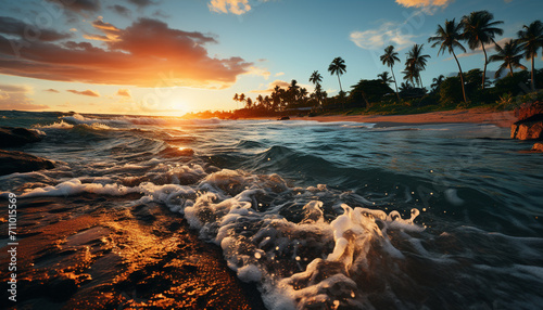 Sunset over the tropical coastline, waves crashing on sandy shores generated by AI