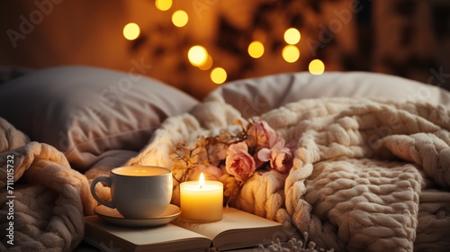 cozy bedroom with a cup of tea and a book photo