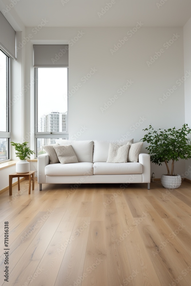 Fototapeta premium Bright living room with white sofa and plants