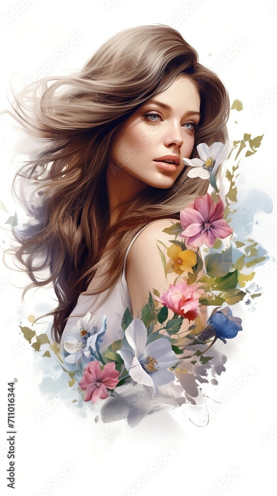 An illustration of a beautiful woman with flowers in her hair An illustration of a beautiful woman with flowers in her hair