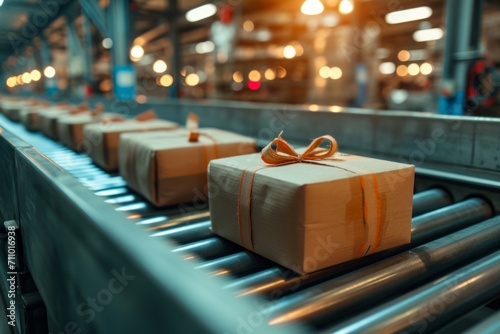 Delivery transport packages on a conveyor belt in a warehouse