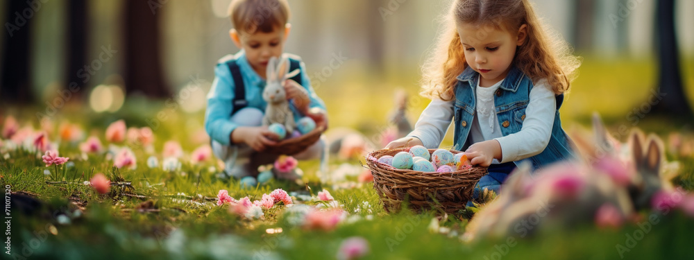 Fototapeta premium little happy children collect easter eggs in the park