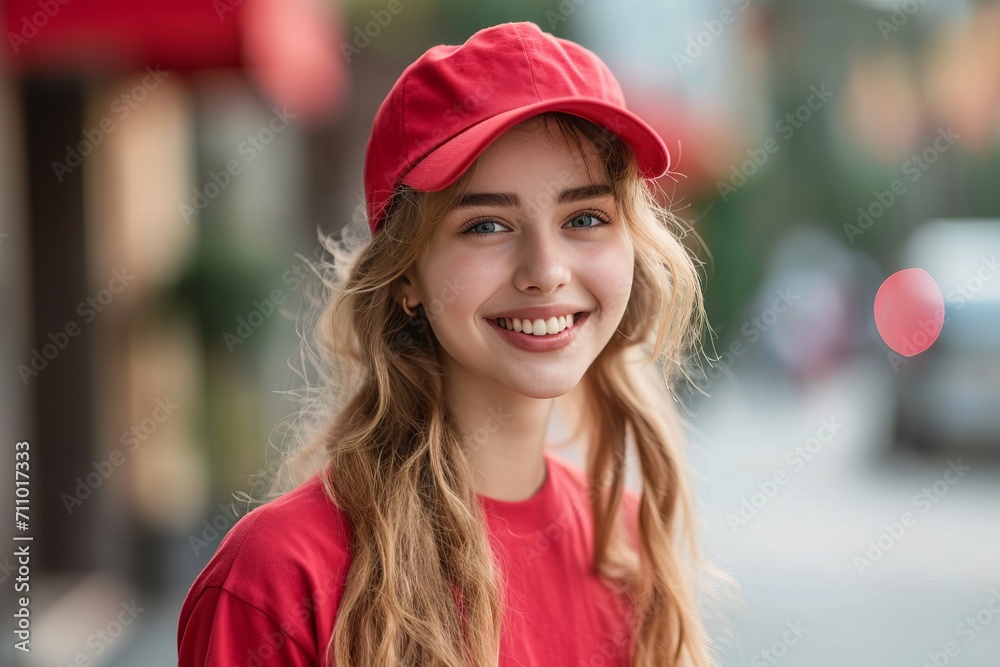 Smiling woman delivery worker with a red cap Smiling woman delivery worker with a red cap