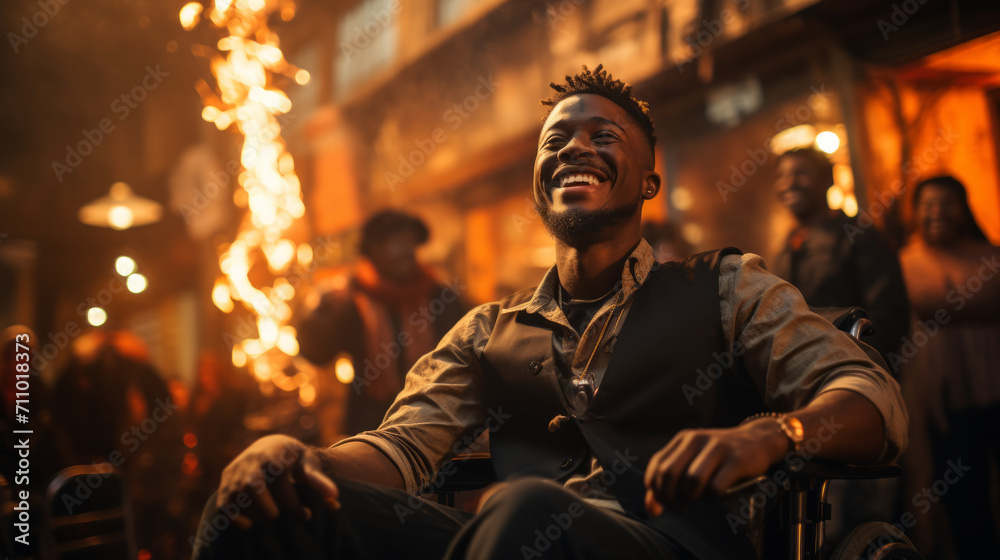 Joyful African American man in a wheelchair celebrating at night, surrounded by vibrant lights. Exuberant Man in Wheelchair Enjoying Nightlife, party Joyful African American man in a wheelchair celebrating at night, surrounded by vibrant lights. Exuberant Man in Wheelchair Enjoying Nightlife, party