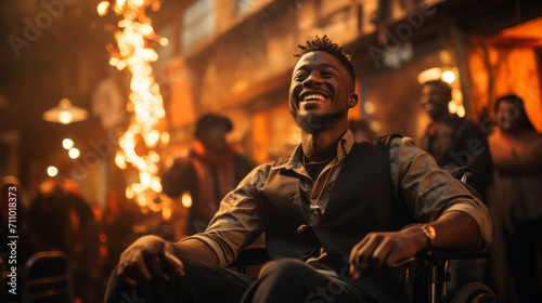 Joyful African American man in a wheelchair celebrating at night, surrounded by vibrant lights. Exuberant Man in Wheelchair Enjoying Nightlife, party