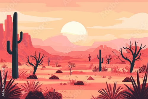 cartoon landscape in the desert with trees  cactus and sun Generative AI