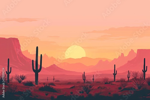 landscape vector with cactus, mountains and desert Generative AI photo