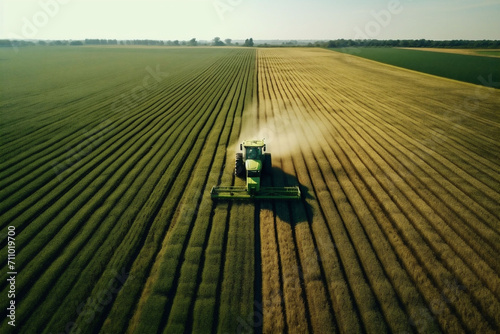 A tractor creates parallel lines in a vast field, half is yellow half green, under the clear sky, signifying diligent agriculture. The image is apt for farming industry promotion and agricultural tech